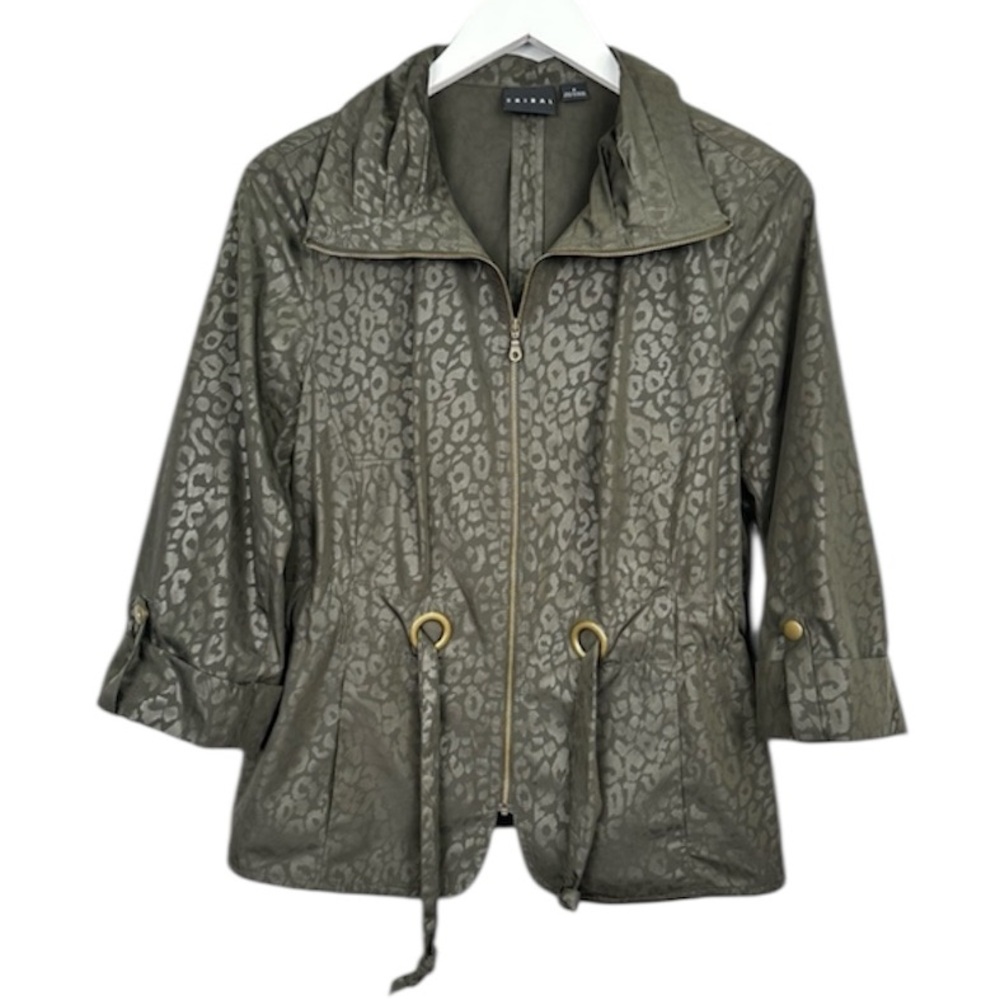 Tribal Army Green Leopard Print Pleated Lightweight Jacket Size 6